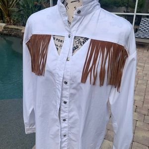 Circle T Vintage pre owned white cotton western blouse with fringe.